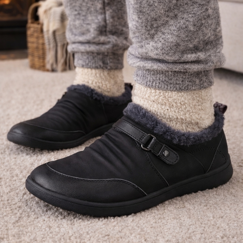 JBU Women's Black Slip-On Waterproof Fur-Lined Casual Slip On Shoes